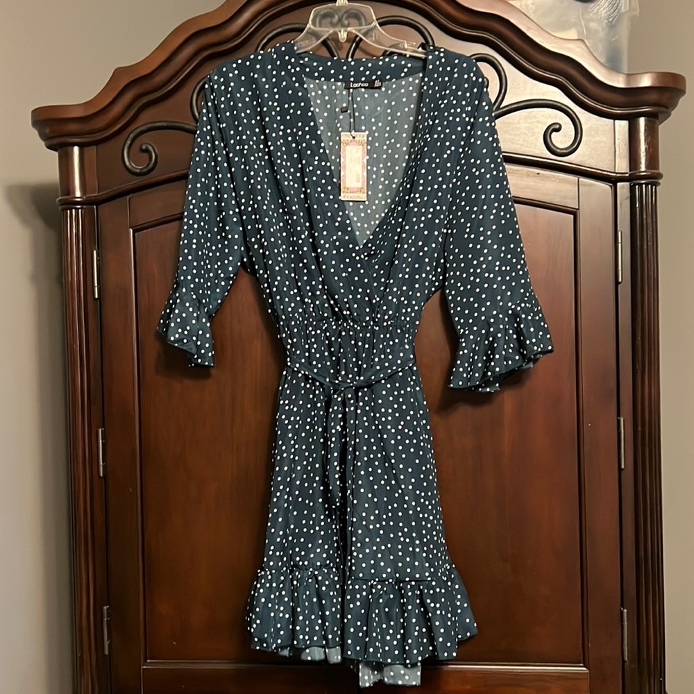 Boohoo Plus Wrap Skater Dress - Sage Green w/ White Polka Dots